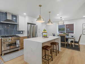 Kitchen featuring decorative backsplash, high end appliances, light wood-style floors, a breakfast bar area, and wall chimney range hood