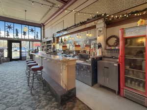 Bar featuring a community bar, carpet floors, and a high ceiling