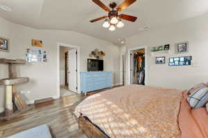 Bedroom featuring vaulted ceiling, a spacious closet, baseboards, visible vents, and wood finished floors