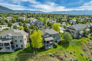 Aerial view of residential area with mountains