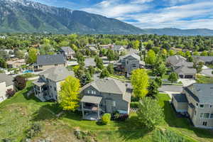 Aerial view of residential area with mountains