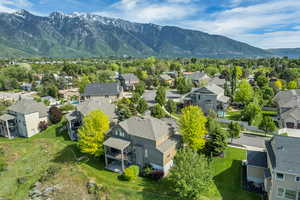 Aerial perspective of suburban area with mountains