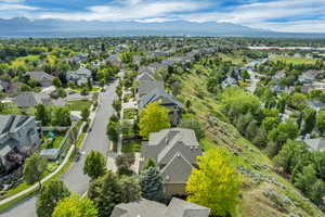 Aerial view of residential area with a mountain backdrop