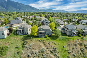 Aerial view of residential area with mountains