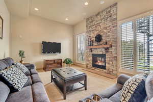 Huge Family Room in daylight basement with view of city and mountains from Family Room