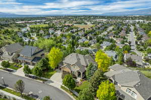 Aerial view of residential area with mountains