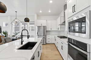 Kitchen with a sink, tasteful backsplash, stainless steel appliances, white cabinets, and an inviting chandelier