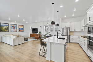 Kitchen featuring open floor plan, a sink, a kitchen island with sink, and appliances with stainless steel finishes