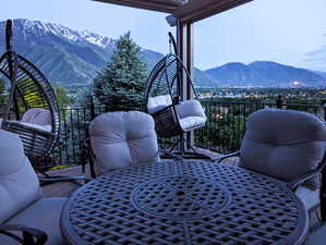Pergola seating area with mountain views.
