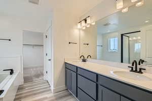 Bathroom featuring double vanity, a sink, and visible vents