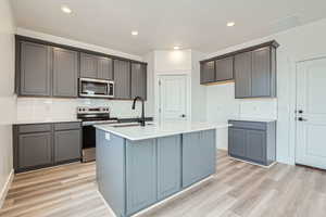Kitchen with light countertops, backsplash, a sink, light wood-style floors, and appliances with stainless steel finishes