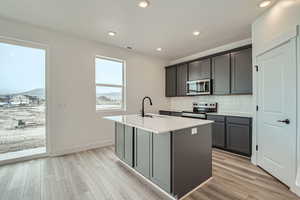 Kitchen featuring a sink, a center island with sink, light wood-type flooring, stainless steel appliances, and decorative backsplash