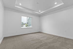 Empty room with light colored carpet, recessed lighting, baseboards, a tray ceiling, and visible vents