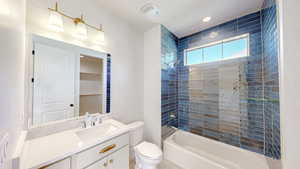 Full bathroom featuring toilet, vanity, bathtub / shower combination, and visible vents