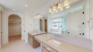 Full bathroom with a shower, baseboards, recessed lighting, vanity, and a spacious closet