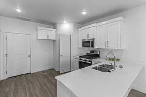 Kitchen with light countertops, a peninsula, stainless steel appliances, dark wood-type flooring, and a sink