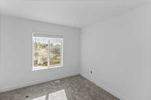Spare room with baseboards, visible vents, and carpet floors