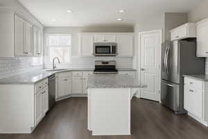 Kitchen with a sink, tasteful backsplash, appliances with stainless steel finishes, and white cabinets