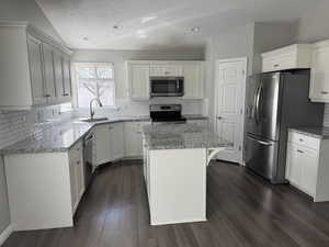Kitchen with a center island, a sink, dark wood finished floors, and appliances with stainless steel finishes