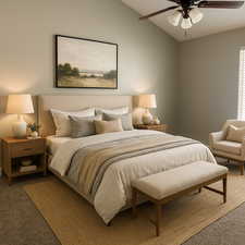 (Virtual Staging) Bedroom with vaulted ceiling, carpet flooring, and a ceiling fan