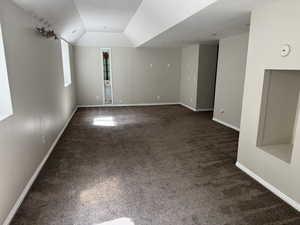 Interior space with baseboards, lofted ceiling, and carpet