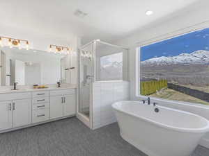 Bathroom with a sink, double vanity, visible vents, and a shower stall