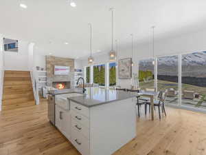 Kitchen featuring dishwasher, light wood finished floors, a stone fireplace, white cabinetry, and a sink
