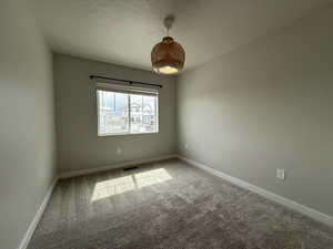 Unfurnished room featuring baseboards, carpet flooring, a textured ceiling, and visible vents
