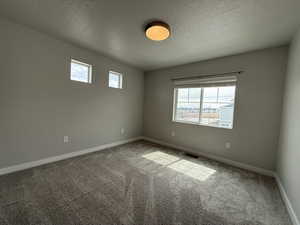 Spare room featuring plenty of natural light, a textured ceiling, baseboards, and visible vents