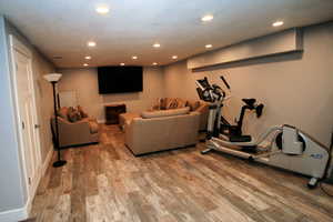 Living room with baseboards, wood finished floors, and recessed lighting