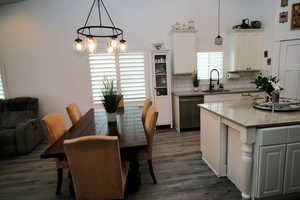 Kitchen with tasteful backsplash, white cabinetry, a sink, dark wood-style floors, and stainless steel dishwasher