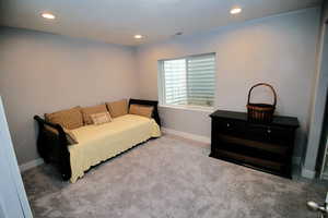 Bedroom with carpet flooring, visible vents, baseboards, and recessed lighting