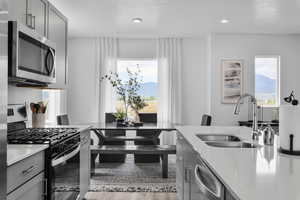 Kitchen featuring a healthy amount of sunlight, a sink, appliances with stainless steel finishes, and gray cabinetry