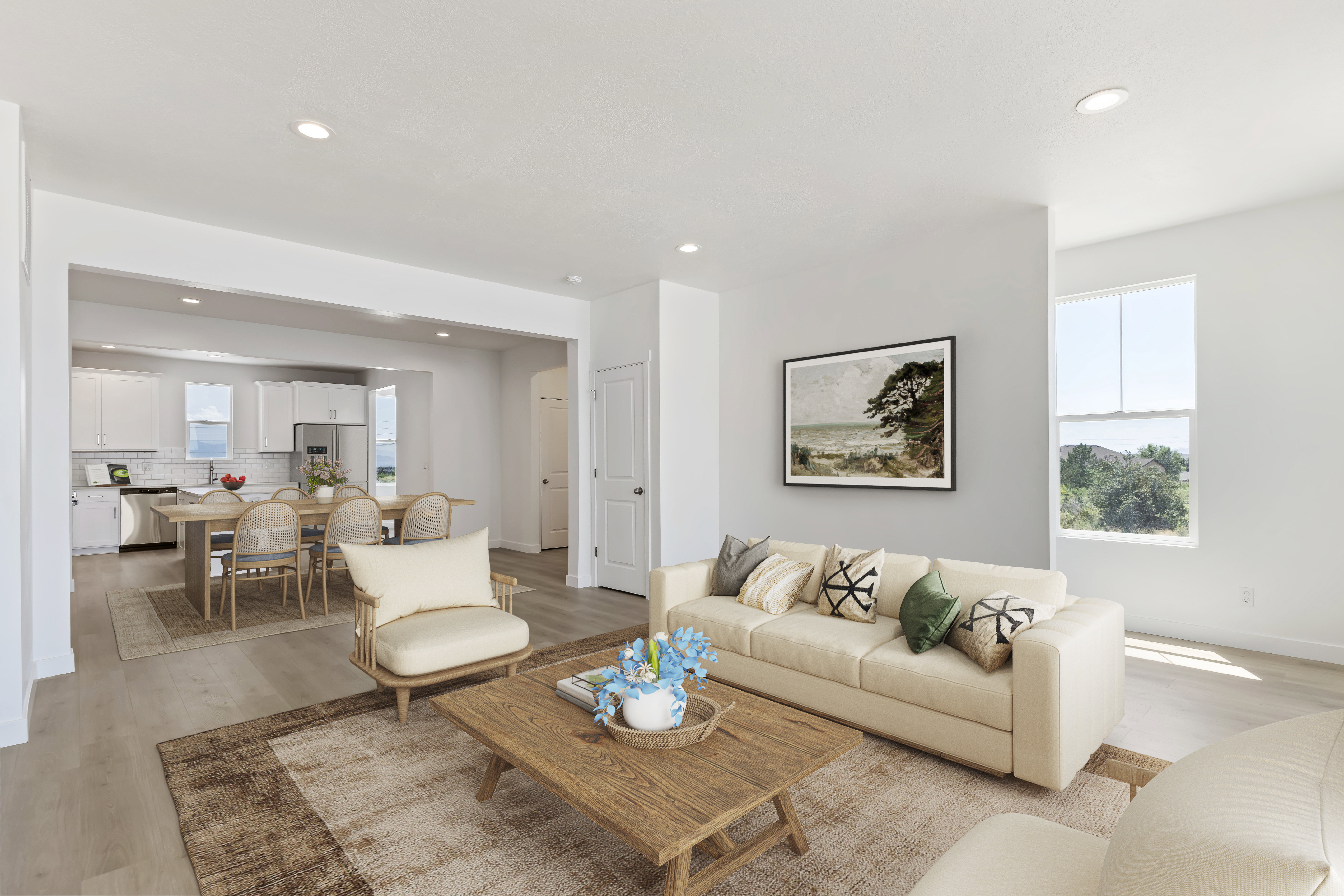 Living area with baseboards, light wood-type flooring, and recessed lighting