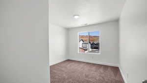 Spare room featuring carpet flooring, a textured ceiling, baseboards, and visible vents