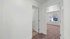 Hallway with baseboards, carpet floors, and a textured ceiling