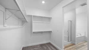 Walk in closet featuring wood finished floors and visible vents