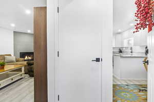 Bathroom with recessed lighting, a tile fireplace, vanity, and wood finished floors