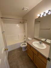 Full bathroom featuring visible vents, toilet, vanity, and shower / bathtub combination
