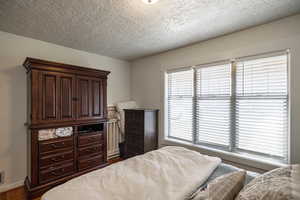 Bedroom featuring multiple windows, a textured ceiling, baseboards, and wood finished floors