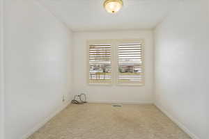 Carpeted spare room featuring baseboards, visible vents, and a textured ceiling
