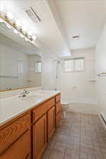 Full bath with vanity, toilet, bathing tub / shower combination, a textured ceiling, and visible vents