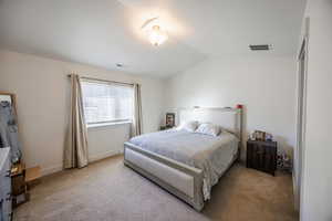 Carpeted bedroom featuring baseboards, lofted ceiling, and visible vents