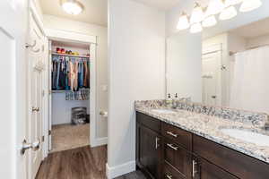Master Bathroom featuring baseboards, a walk in closet, wood finished floors, and a sink