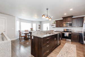 Kitchen featuring stainless steel appliances, a sink, light wood-style floors, an island with sink, and dark brown cabinetry