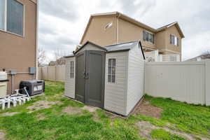 View of shed with a fenced backyard
