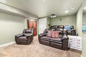 Carpeted home theater with baseboards, a textured ceiling, and visible vents