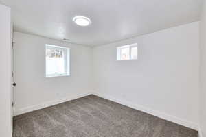 Interior space featuring a healthy amount of sunlight, baseboards, and dark colored carpet