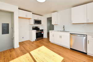 Kitchen featuring white cabinets, electric panel, stainless steel appliances, a sink, and light wood-type flooring