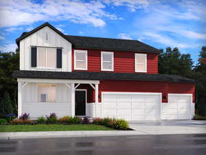 View of front of property with driveway, board and batten siding, and roof with shingles